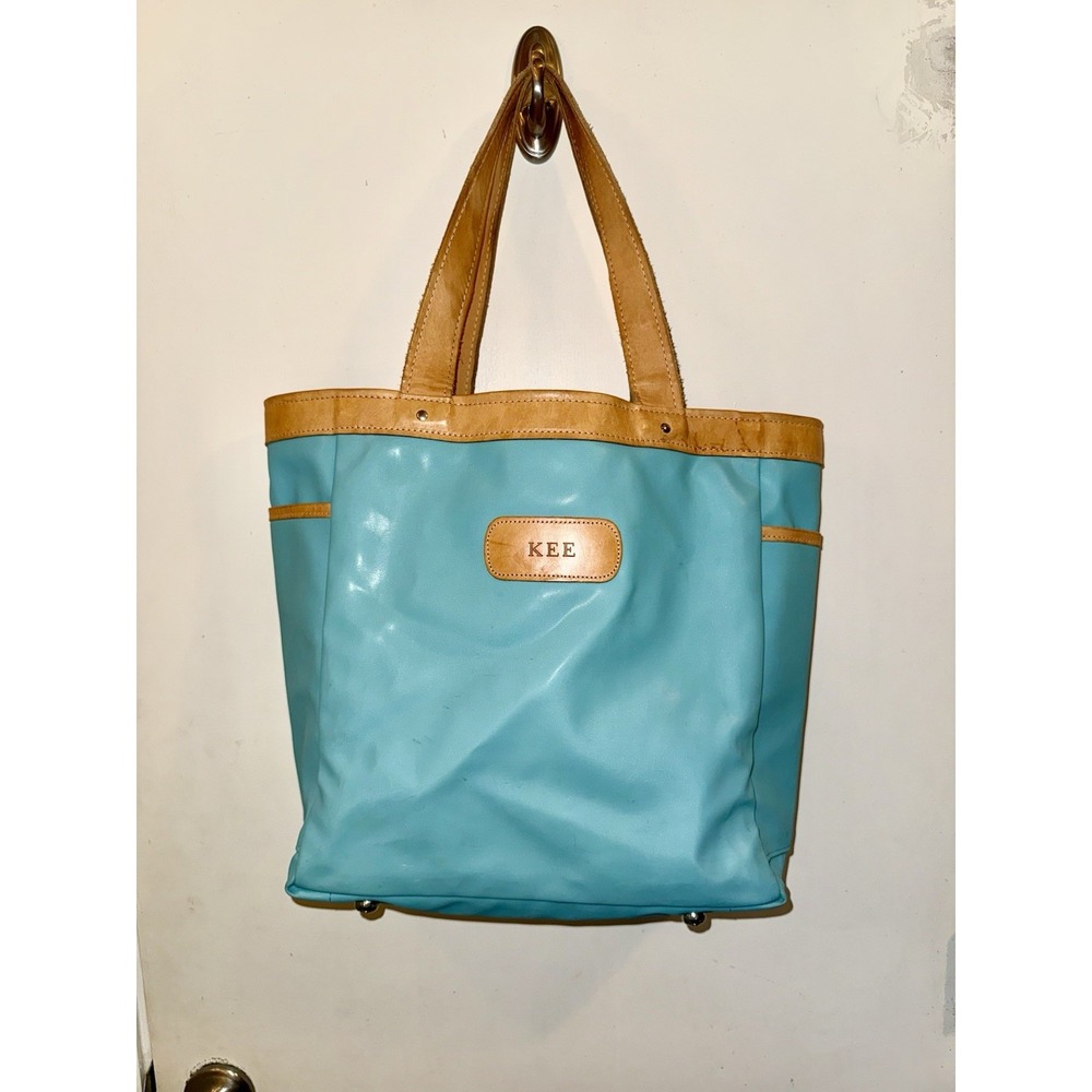Jon Hart Designer Blue Teal Beige Large Canvas Leather Tote Travel Bag, Monogram